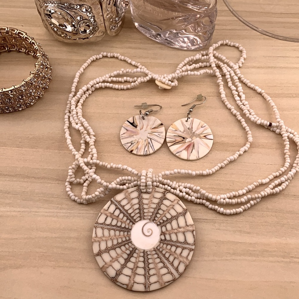 Balinese Style "Shiva" Shell Multi Strand Beaded Necklace and Earrings Set